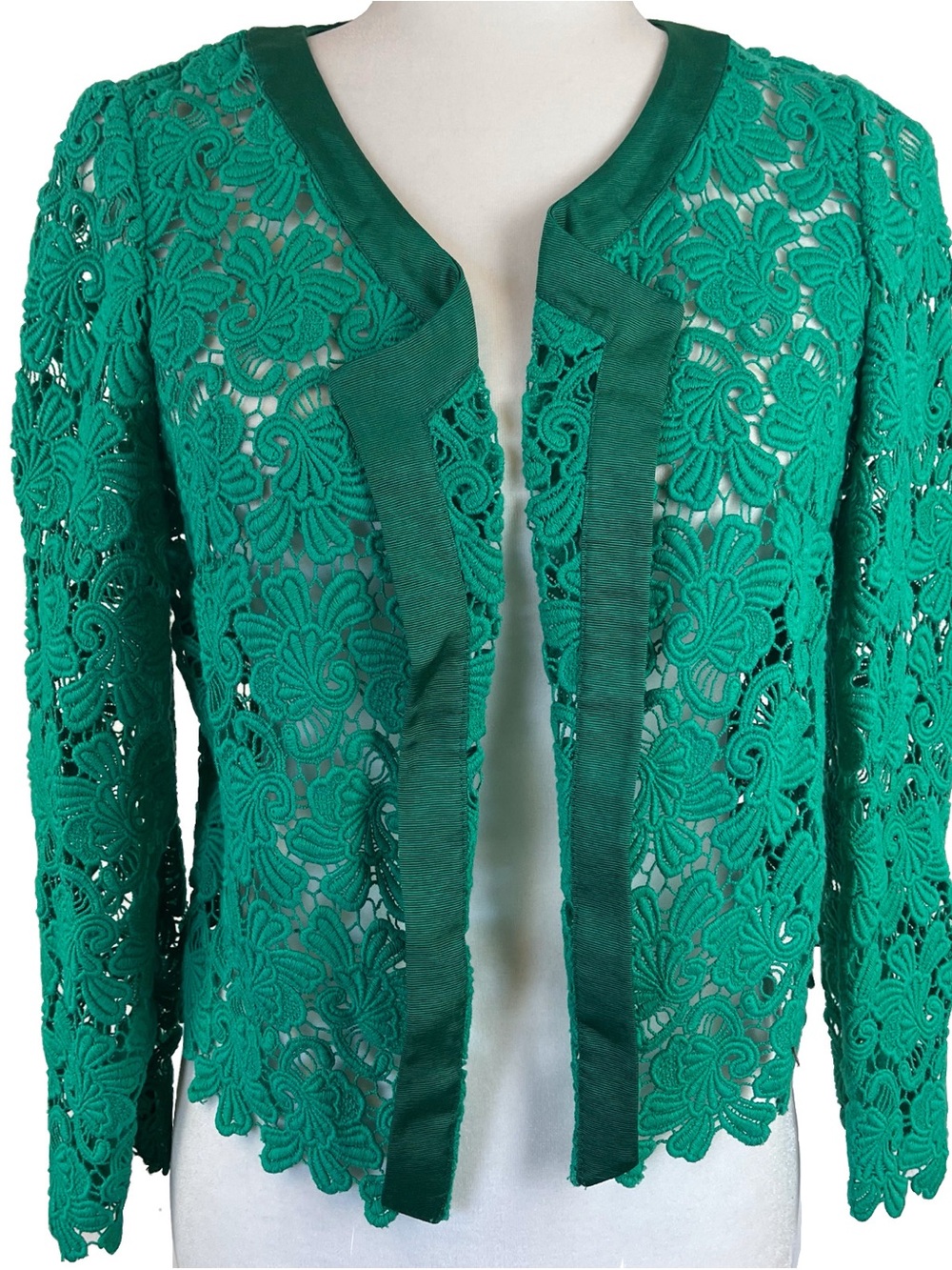 Elevenses Lacebloom Open Front Blazer Green Floral Lace Ribbon Trim Size Small